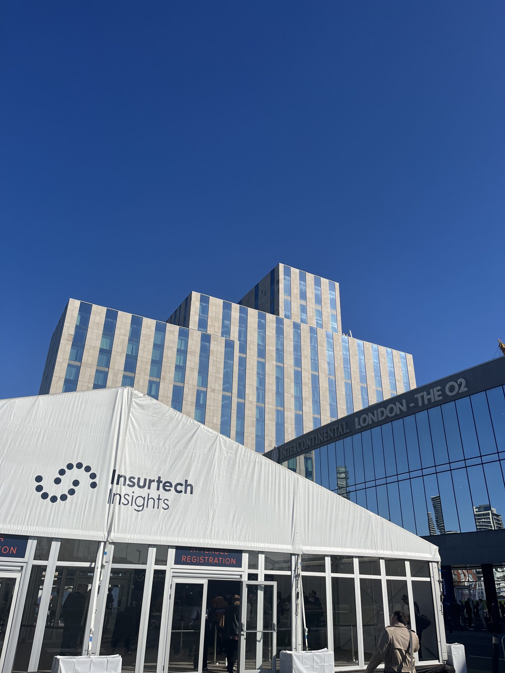 The Insurtech Insights entrance marquee outside InterContinental London – The O2 on a clear March morning